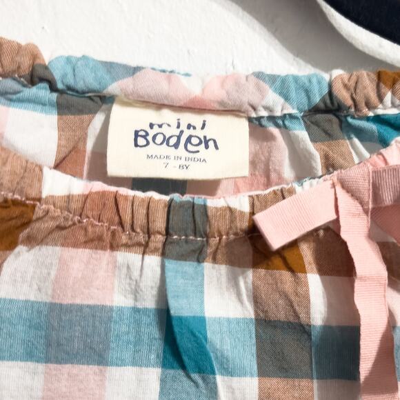 Mini Boden Plaid Bow Tunic Top Girl 7-8y Blue Brown Preppy 3/4 Sleeves - Picture 2 of 5